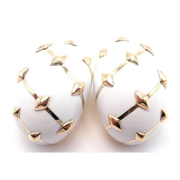 Tiffany & Co Schlumberger Dot Losange 18k Yellow Gold White Enamel Hoop Earrings - Picture 5 of 15